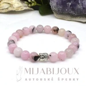 Minerální náramek z růžového křemene s hlavou Buddhy
