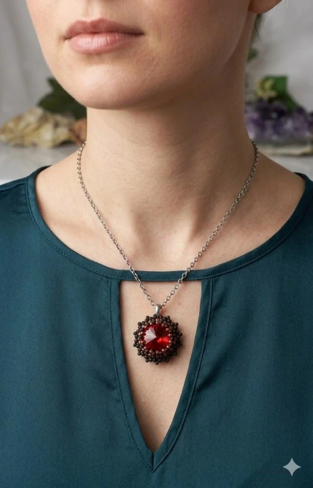 Ručně šitý náhrdelník s červenou rivoli – Elegance v květu