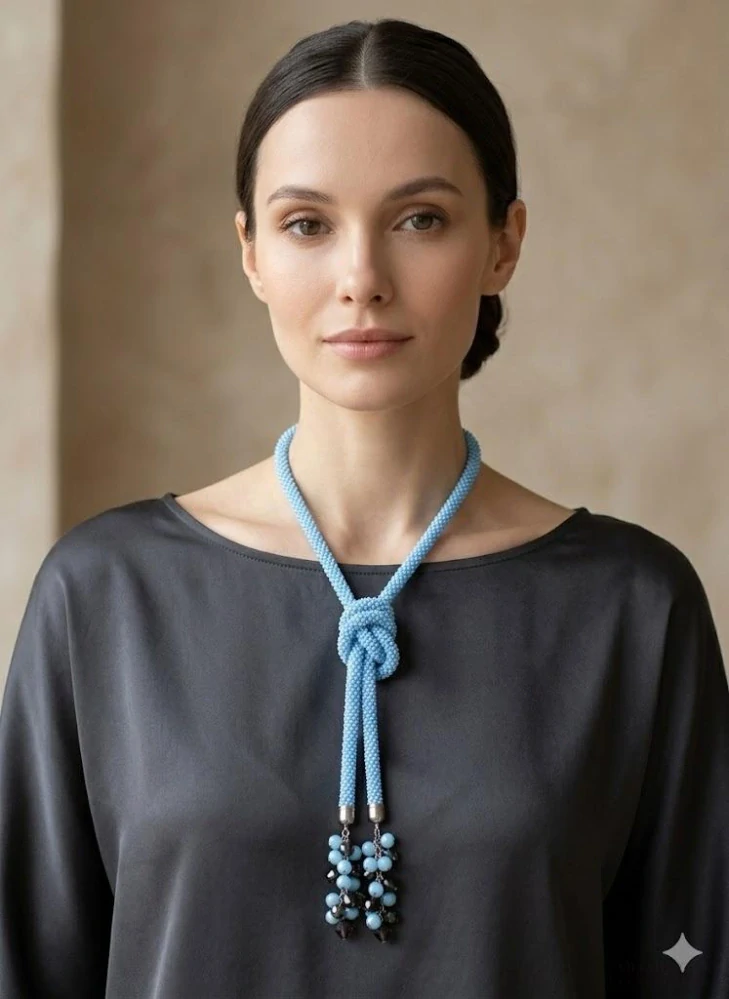 Háčkovaný náhrdelník v modré barvě – originální ruční šperk | Mijabijoux