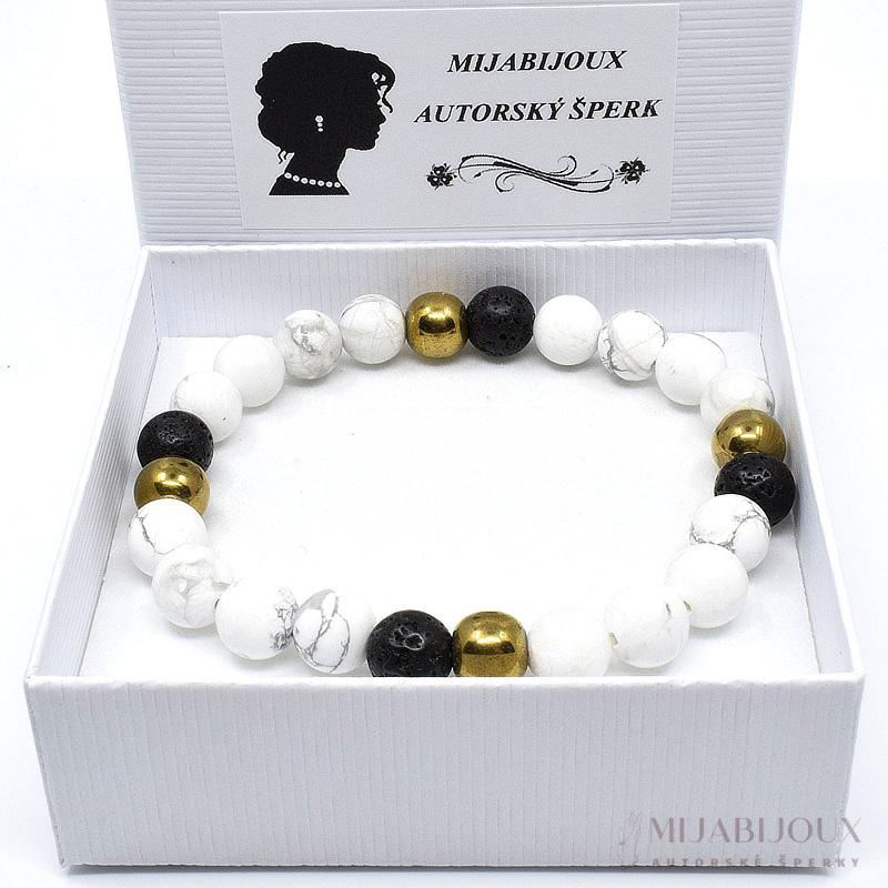 Náramek z minerálů howlit, hematit a láva