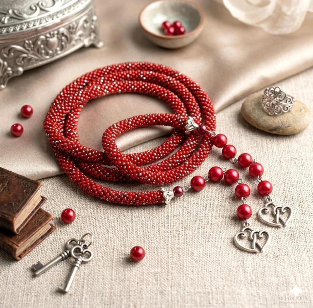 Elegantní háčkovaný náhrdelník „Srdcová lady“ – červený, 115 cm