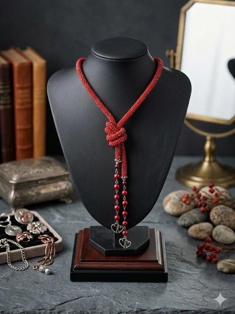Elegantní háčkovaný náhrdelník „Srdcová lady“ – červený, 115 cm